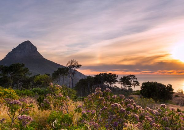 Beautiful sunset over the ocean and Lion's head mountain view from Signal hill in Cape Town